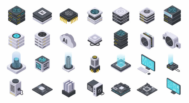 Isometric technology icons representing computer hardware and data servers.