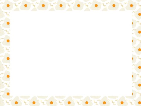 Cartoon fried egg border illustration with decorative seamless pattern. Fun breakfast themed design ideal for menu templates, cafe branding, greeting cards, packaging, stationery, posters, wallpapers,