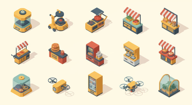 Isometric Collection of Various Vending Machines and Kiosks.