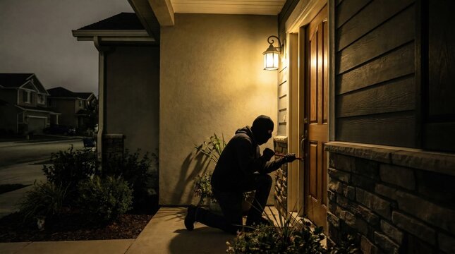 masked burglar using a crowbar to break into a house door at night.