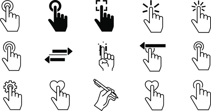 Touch screen gesture and hand click pointer vector icon set with swipe tap select heart and slider