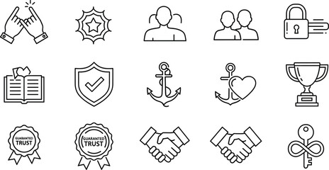 Trust and business partnership vector icon set with handshake promise badge anchor shield trophy lock and key © MstLaky