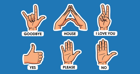 Fototapeta premium American sign language hand gestures for common phrases on blue background