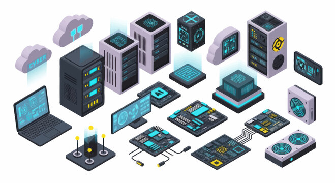 Modern Technology Computer Hardware and Cloud Computing Icons.
