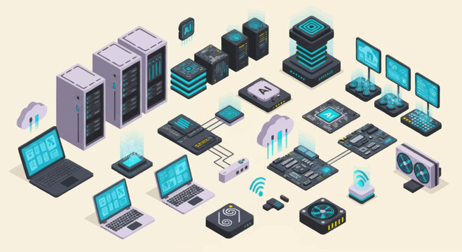 Isometric technology network and data center equipment illustration.