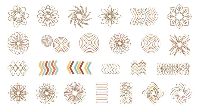 Large set of abstract geometric design elements including floral mandalas, swirls, wavy lines, and patterns in earthy tones.