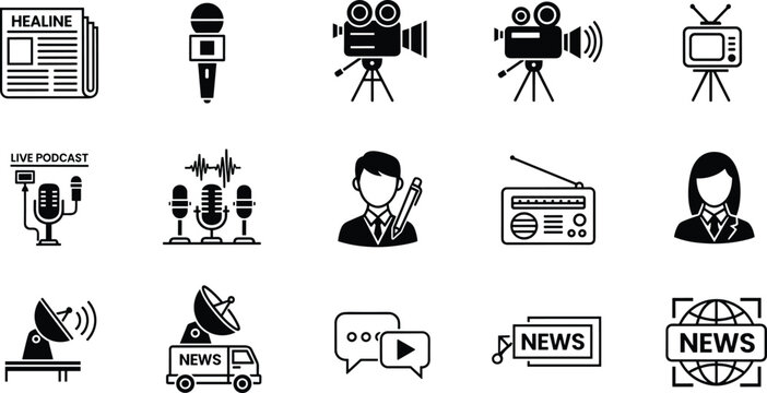 Media and journalism vector icon set with news microphone camera podcast radio satellite tv reporter and newspaper