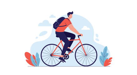 Fototapeta premium Active young man riding a bicycle with a backpack through a scenic landscape with clouds and plants on a bright day.