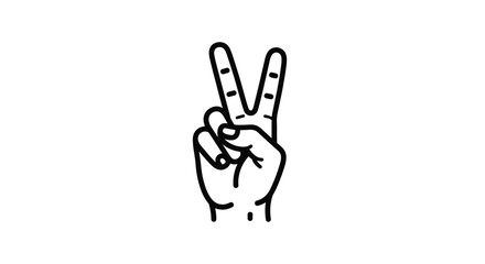 Fototapeta premium Simple black and white line-art icon of a hand making the peace or victory sign with two fingers raised up high.