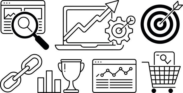 SEO search engine optimization digital marketing and business web analytics data performance line icons