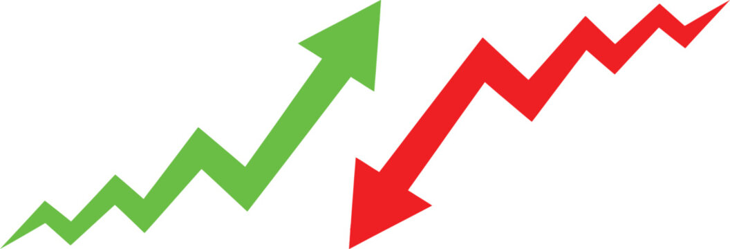 Green rising arrow and red falling zigzag arrow showing financial growth and market decline chart