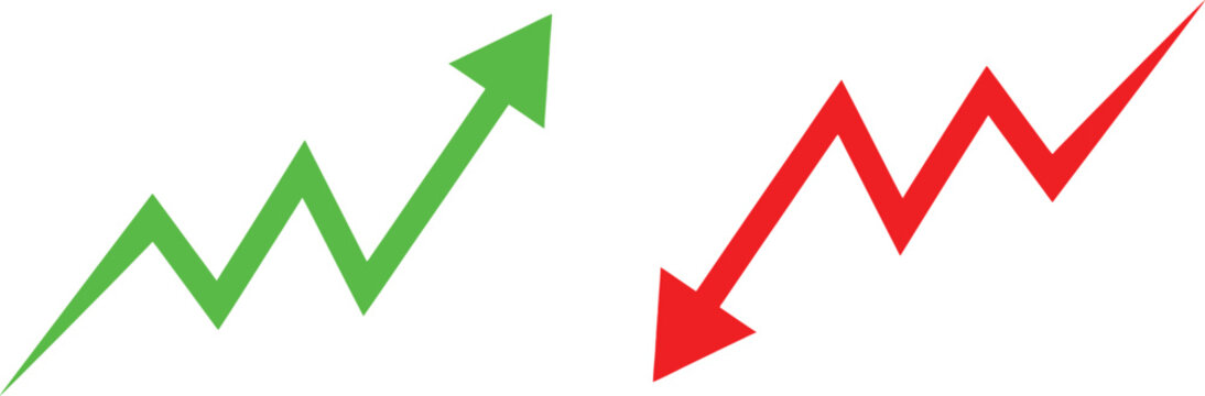 Green rising arrow and red falling arrow symbols showing financial growth and loss trends