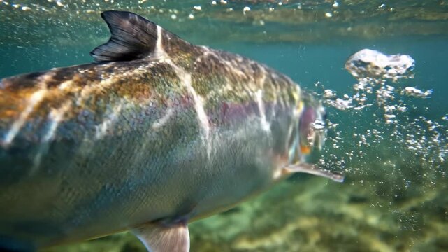Extreme close-up of iridescent fish scales on a salmonid swimming in a clear freshwater river with air bubbles and sunlight filtering through the water surface.