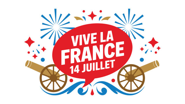 vive la france bastille day celebration illustration with cannons fireworks and patriotic typography isolated on white background design