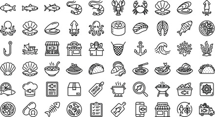 Fototapeta premium Seafood and Ocean Food Minimal Line Icons Collection – Marine Food Outline Vector Set