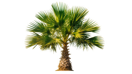 Fan palm tree with green and yellow leaves and textured trunk © Maria