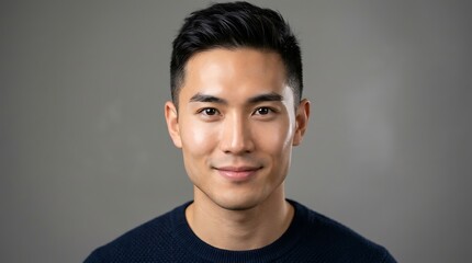 Fototapeta premium Close up headshot of young handsome asian guy with dark hair wearing navy sweater on gray background.