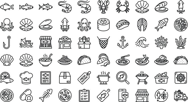 Seafood and Ocean Food Minimal Line Icons Collection &ndash; Marine Food Outline Vector Set