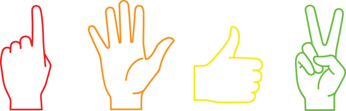 Set of colorful hand gesture icons showing fingers counting and peace sign and thumbs up