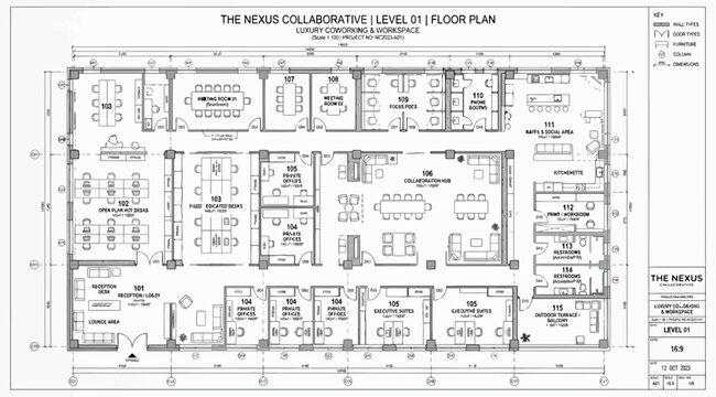 Architectural floor plan of the nexus collaborative level 03, featuring luxury office suites, meeting rooms, and collaborative lounge areas for professional workspace design