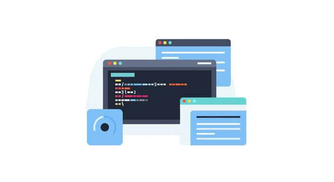 Software Development and Web Programming Concept Illustration with Code Editor and Browser Windows