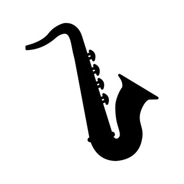 Black saxophone silhouette icon representing jazz music, musical instruments, orchestra, performance, and entertainment concepts.