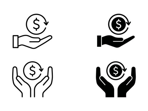 Set of money refund icons, hand holding dollar coin with circular arrow, vector illustration