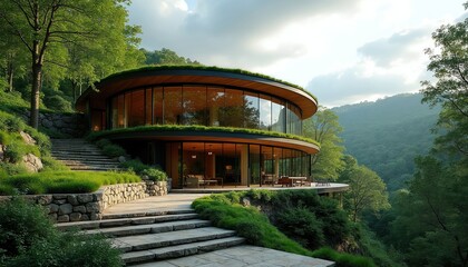 Fototapeta premium Curved modern house with glass walls and green roof in forest. Rich trees surround building with stone stpic leading up to entrance. Nature landscape blends with sustainable architecture design.