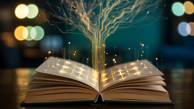 Open magical book with glowing energy and digital knowledge tree concept