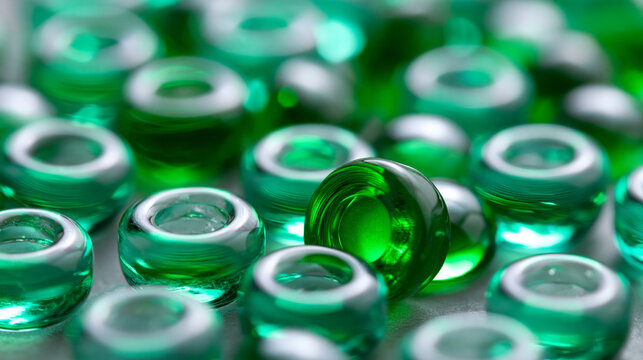 Viele gr&uuml;ne Glasperlen liegen dicht zusammen und reflektieren das Licht, wobei eine Perle im Fokus besonders hervorsticht.