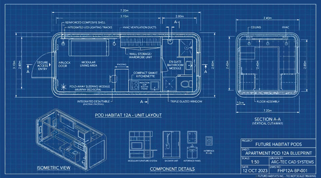 Blueprinted architectural design for a compact apartment living pod