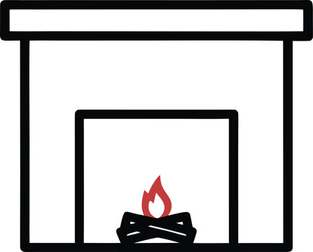 fireplace with mantel and log stack line art vector illustration on transparent background