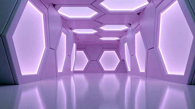 Ein futuristischer Raum mit lila leuchtenden Sechseck-Wandelementen und gl&auml;nzendem Boden.