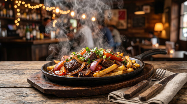 Sizzling Peruvian Lomo Saltado with Glossy Beef and French Fries