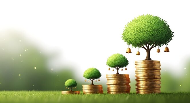 Increasing wealth and growth concept with trees on stacks of coins