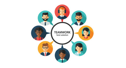 Naklejka premium Teamwork concept illustration showing diverse professional avatars connected in a circle around a central text box.