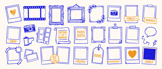 Polaroid Frames and Photo Elements: A collection of hand-drawn, doodle-style frames, polaroids, film strips, and vintage camera illustrations, perfect for scrapbooking, journaling. © Saiid-Designs