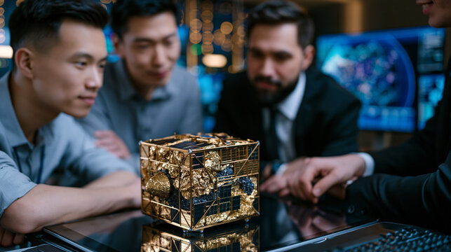 Kinetic impactor spacecraft model in an aerospace engineering lab, multicultural team of mission planners gathered around a scale asteroid deflection vehicle mock-up, trajectory planning charts and 