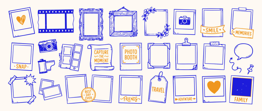 Polaroid Frames and Photo Elements: A collection of hand-drawn, doodle-style frames, polaroids, film strips, and vintage camera illustrations, perfect for scrapbooking, journaling.