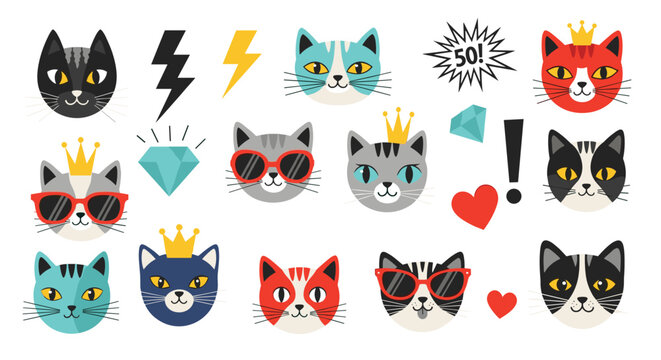 Collection of cute cat face stickers with various designs including sunglasses, crowns, diamonds, and lightning bolts.