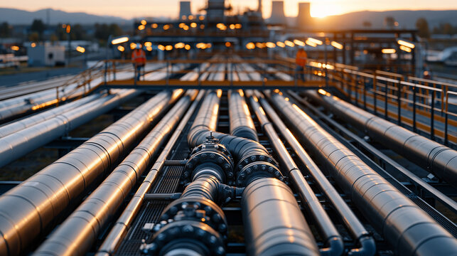 Pipeline infrastructure aerial perspective showing a rural industrial facility with multiple parallel pipelines converging at a central processing junction, workers in safety gear visible on elevate