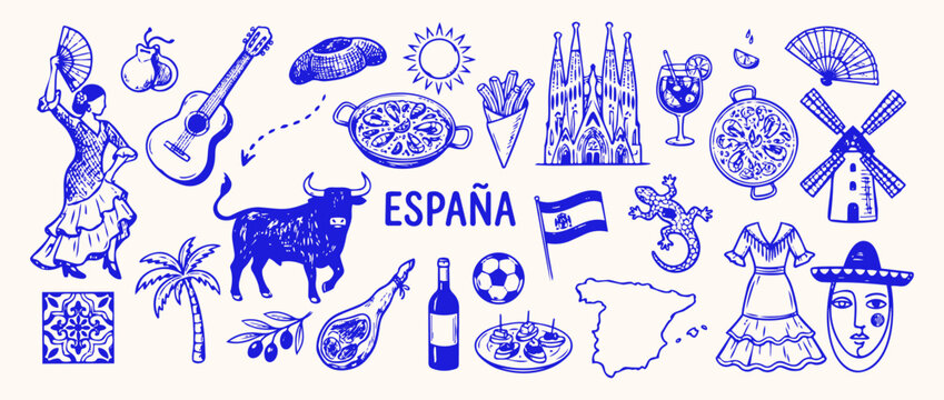 Spanish Cultural Collage: A vibrant collection of iconic Spanish symbols and elements, including a flamenco dancer, bull, paella, Sagrada Familia, guitar, fan, and olive tree.