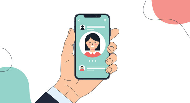 Hand holding a modern smartphone displaying a female user profile interface for a social media or dating application design.