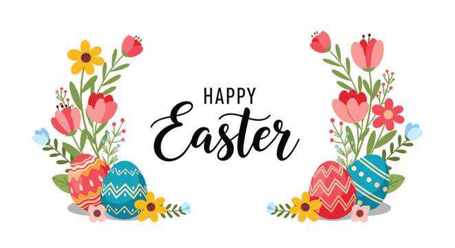 Happy easter greeting card features colorful patterned eggs and floral wreaths with tulips and daisies on a clean white background.