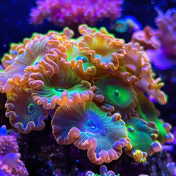Vibrant Neon Coral Reef Polyps Close Up