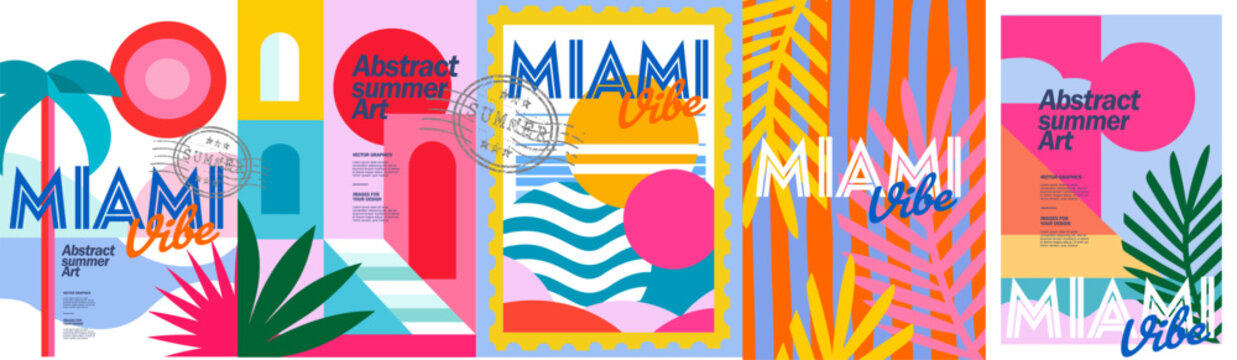 Miami vibe. Vector abstract summer illustration featuring tropical palm leaves, modern geometric shapes, a minimalist city, bold colors, beach, sun, and a landscape for a poster, postage stamp, travel