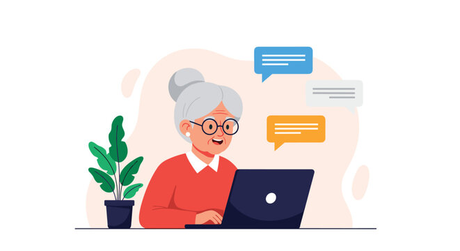 Happy elderly woman using laptop computer for online communication and social networking with speech bubbles and plants.