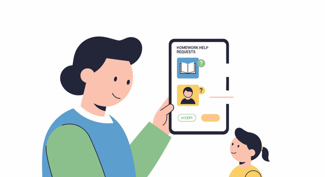 Homework Help App Illustration: Mother and Child Using Online Education Platform for Remote Learning and Tutoring Requests on Smartphone