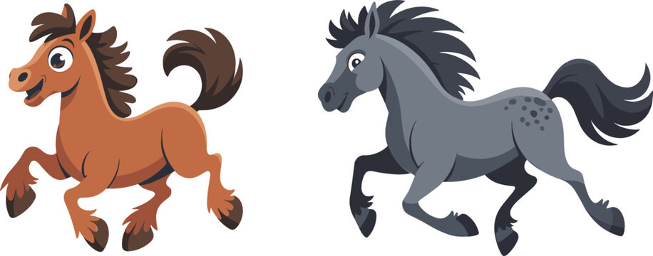 Cute Running Horse Cartoon Mascot Character Set with Brown Pony and Grey Stallion Animals in Motion for Kids Graphic Designs