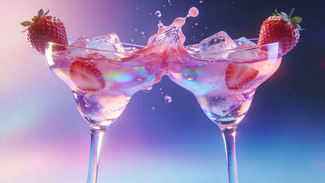 Two strawberry daiquiri glasses clinking with frozen pink liquid splash suspended mid-air, iridescent holographic pastel pink purple blue, cheers celebration mockup with copy space